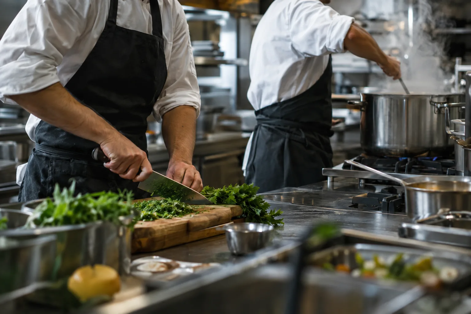 Chefs preparing herbs and stock in a busy commercial kitchen