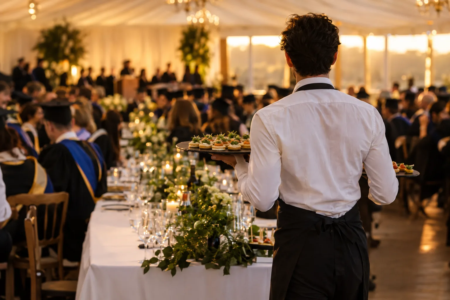A waiter carrying canapés at a graduation function in a marquee