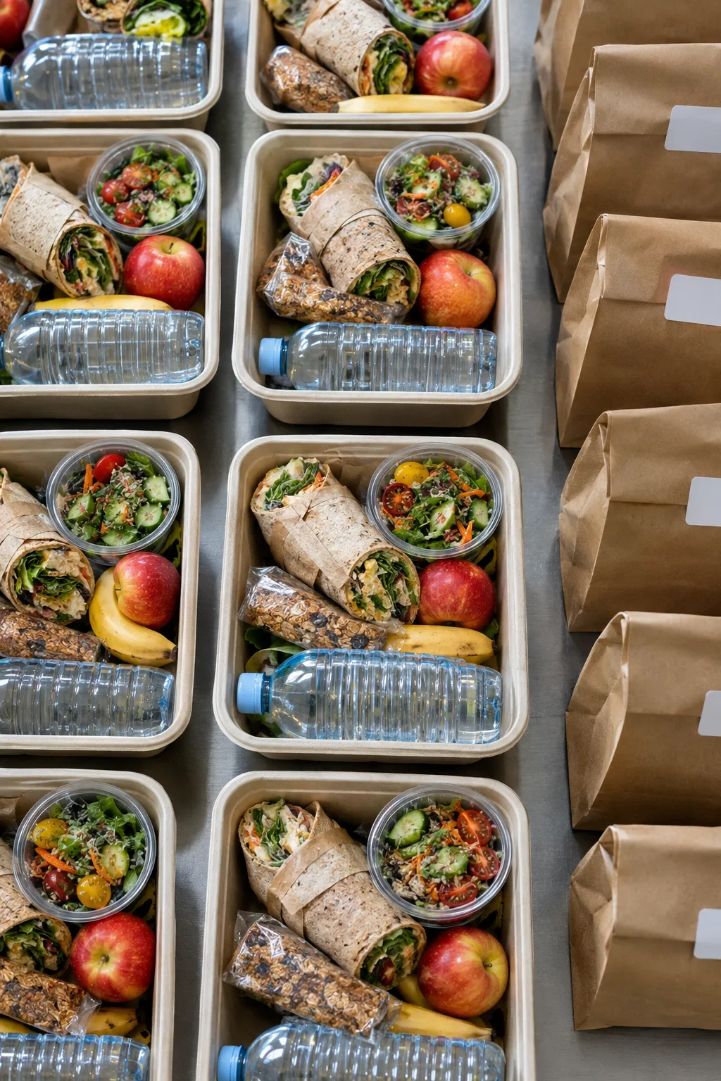 Rows of packed field lunches with wraps, salads, fruit and water